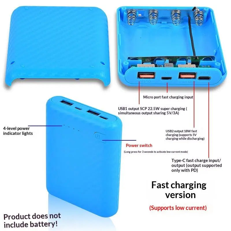 HUXUAN 18650 DIY Power Bank Case – 4-Slot No-Solder Kit DIY Power Bank Case Babs Blue