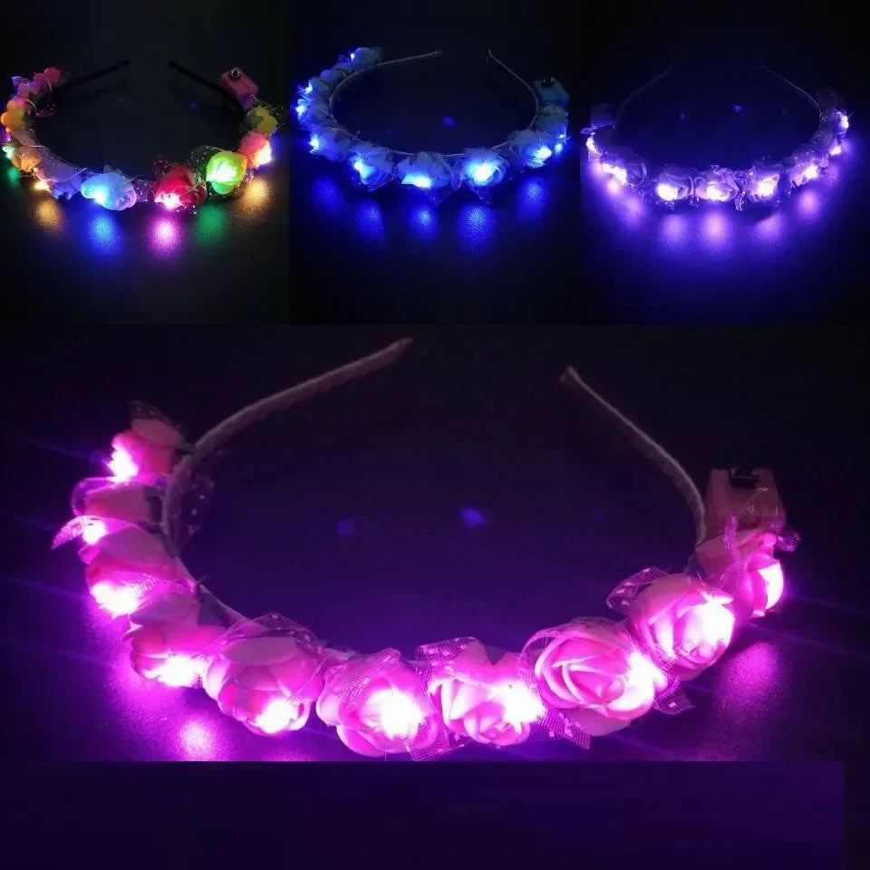 10pc LED Light Up Flower Wreath Headbands – Glow Party Pack LED Party Headband Babs