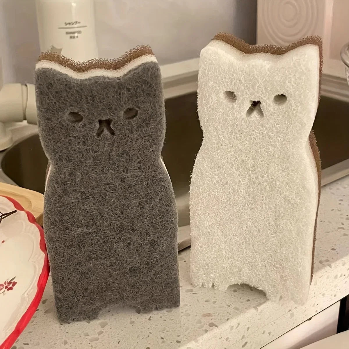 4-Piece Cat Shaped Kitchen Sponge Set – 3-Layer Dish Scrubber Kitchen Cleaning Sponge Babs