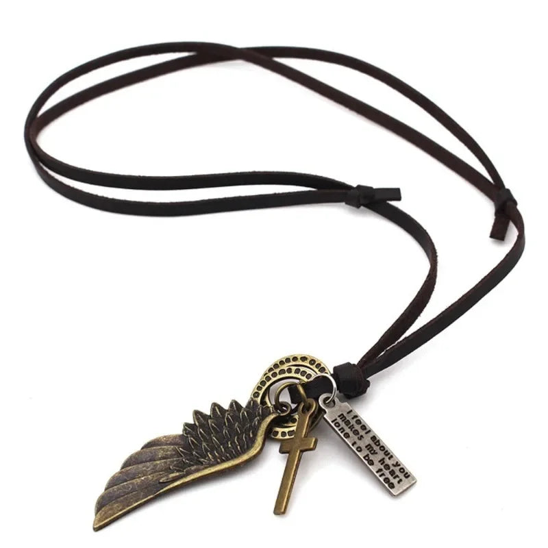Vintage Leather Feather Pendant Necklace – Unisex Jewelry Pendant Necklace Babs
