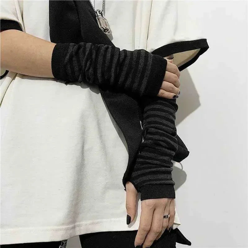 Y2K Gothic Fingerless Arm Warmers – Striped Punk Elbow Gloves Fingerless Arm Warmers Babs Stripe One Size