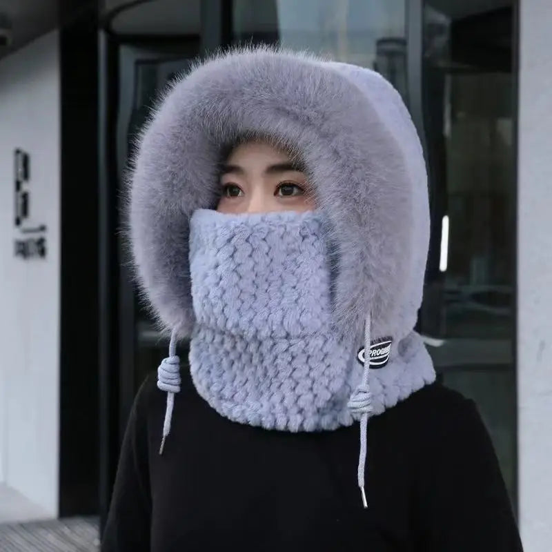 Women's Thermal Plush Hat Hood Scarf & Mask – Windproof Winter Hat Hood Babs