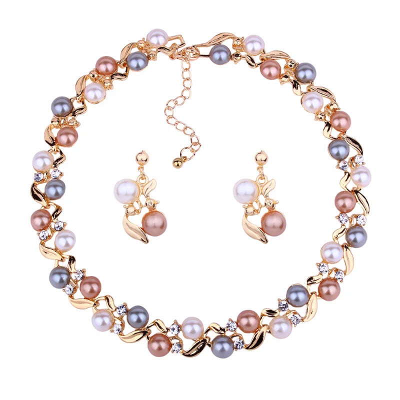 Pearl & Rhinestone Bridal Necklace Earring Set for Women Bridal Jewelry Set Babs gold