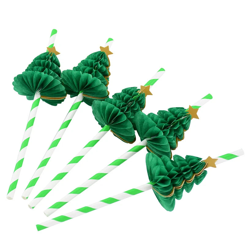 10Pcs 3D Christmas Tree Paper Straws – Holiday Party Décor Holiday Party Straws Babs