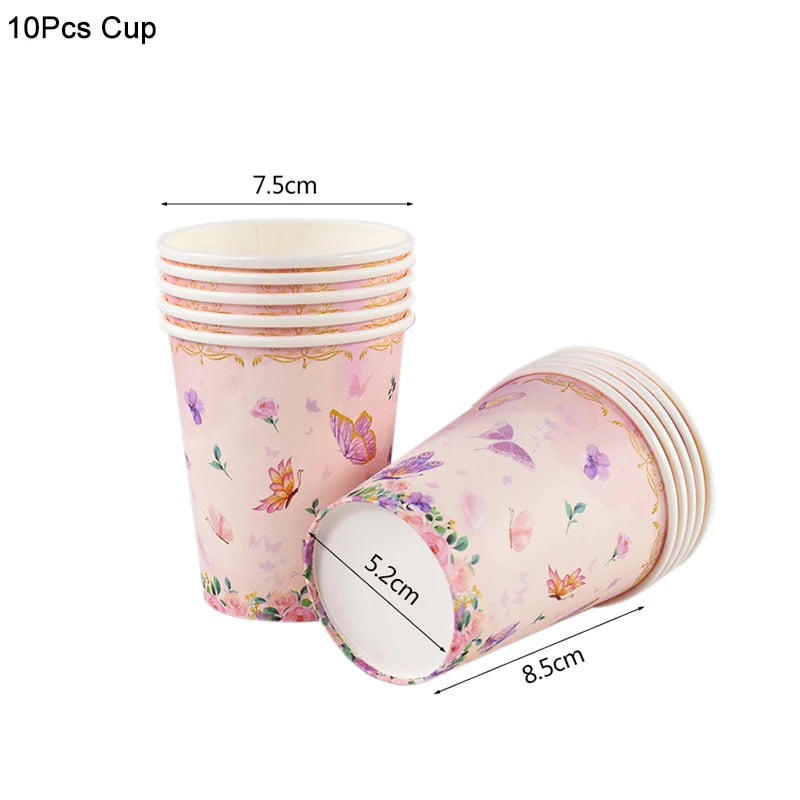 Pink Butterfly Party Tableware Set – Plates, Cups & Tablecloth Disposable Party Tableware Babs 10pcs cup