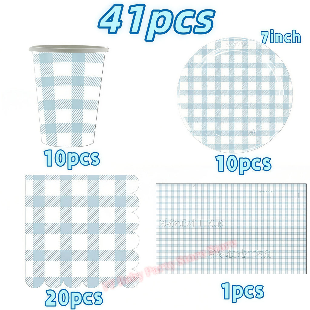 Blue Grid Birthday Party Supplies – Plates, Cups & Napkins Set Party Tableware Set Babs 41pcs others