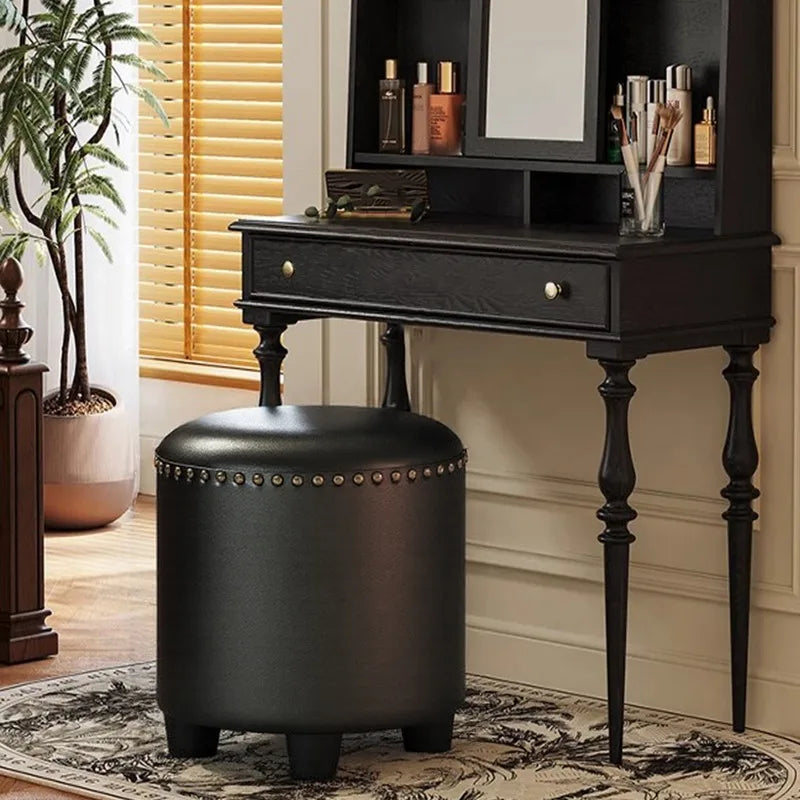 Retro Round Ottoman Stool – Genuine Leather & Pine Wood, 35×45cm Ottoman Stool Babs