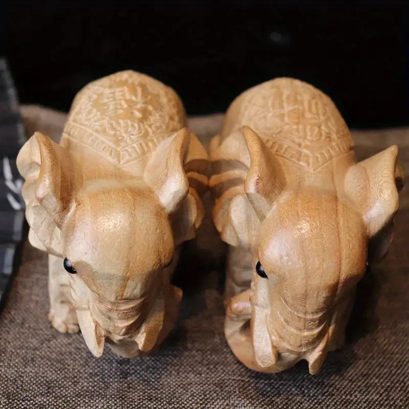 Hand-Carved Wooden Elephant Ornament – Auspicious Home Décor Wood Carving Ornament Babs