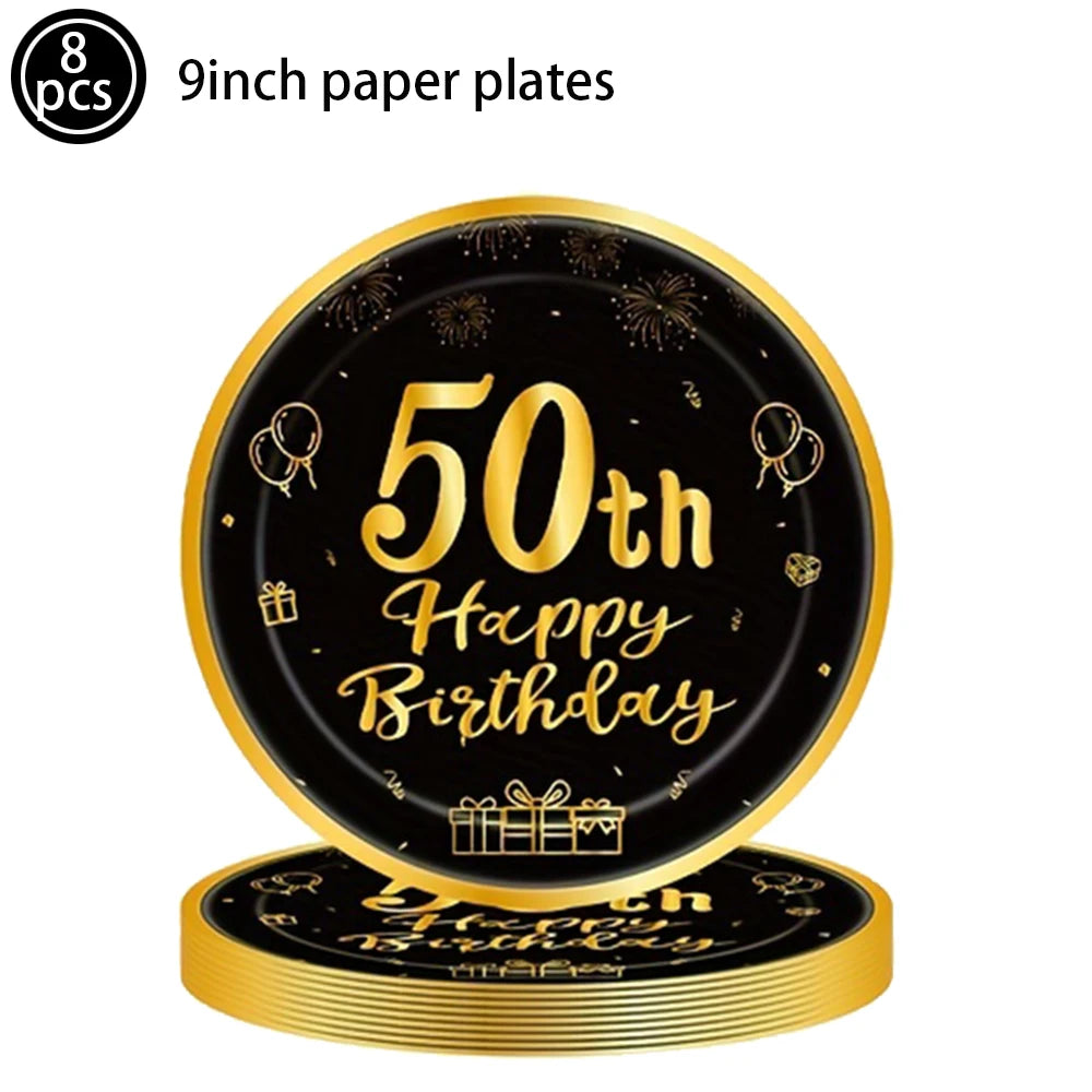 50th Birthday Party Tableware Set – Black & Gold Disposable Party Tableware Babs 9inch plate