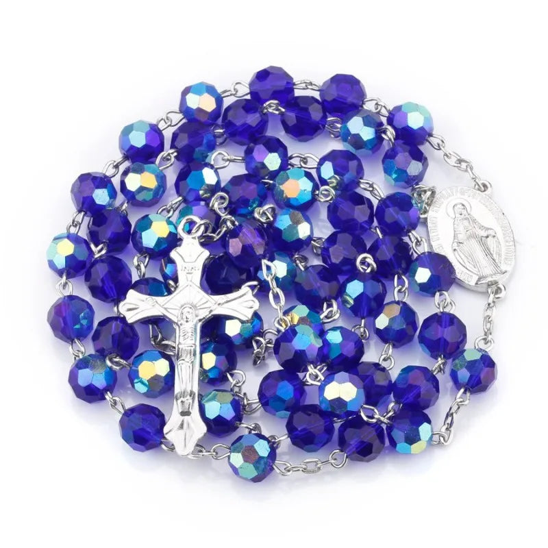 Dark Blue Glass Crystal Catholic Rosary Necklace | 70cm Rosary Necklace Babs Blue