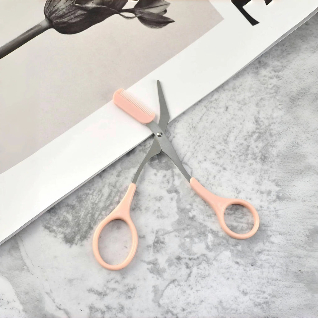 Pink Eyebrow Scissors with Built-In Comb | Precise Grooming Eyebrow Grooming Scissors Babs