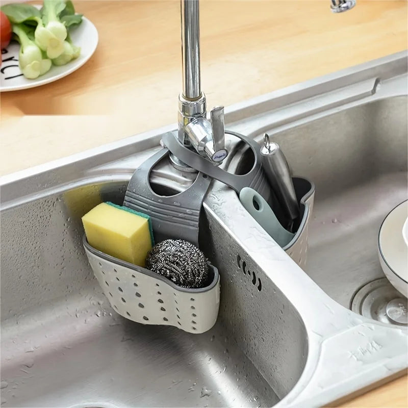 Adjustable Kitchen Sink Sponge Holder & Hanging Drain Basket Sink Sponge Holder Babs