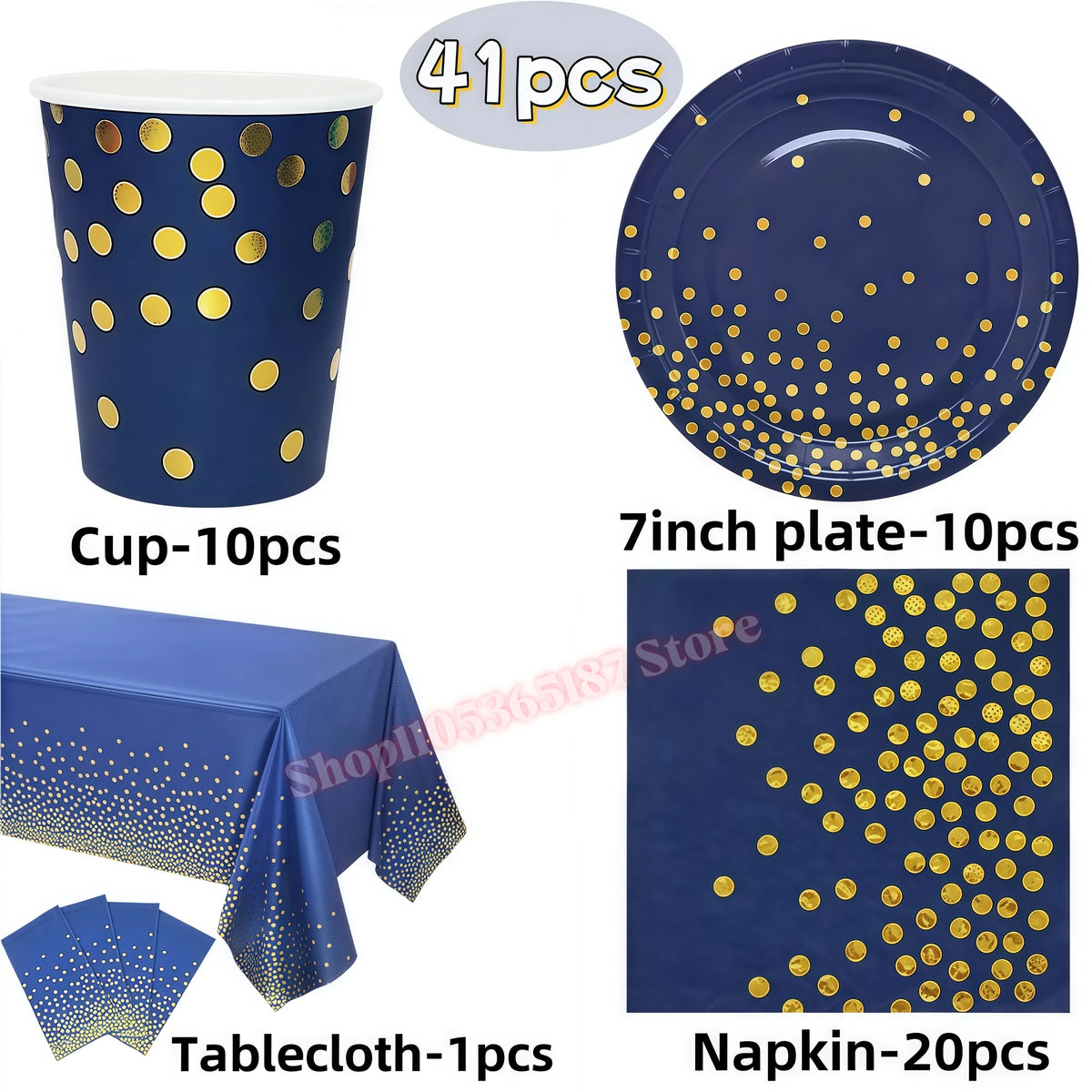 Rose Gold Dark Blue Party Tableware – Cups, Plates & Napkins Set