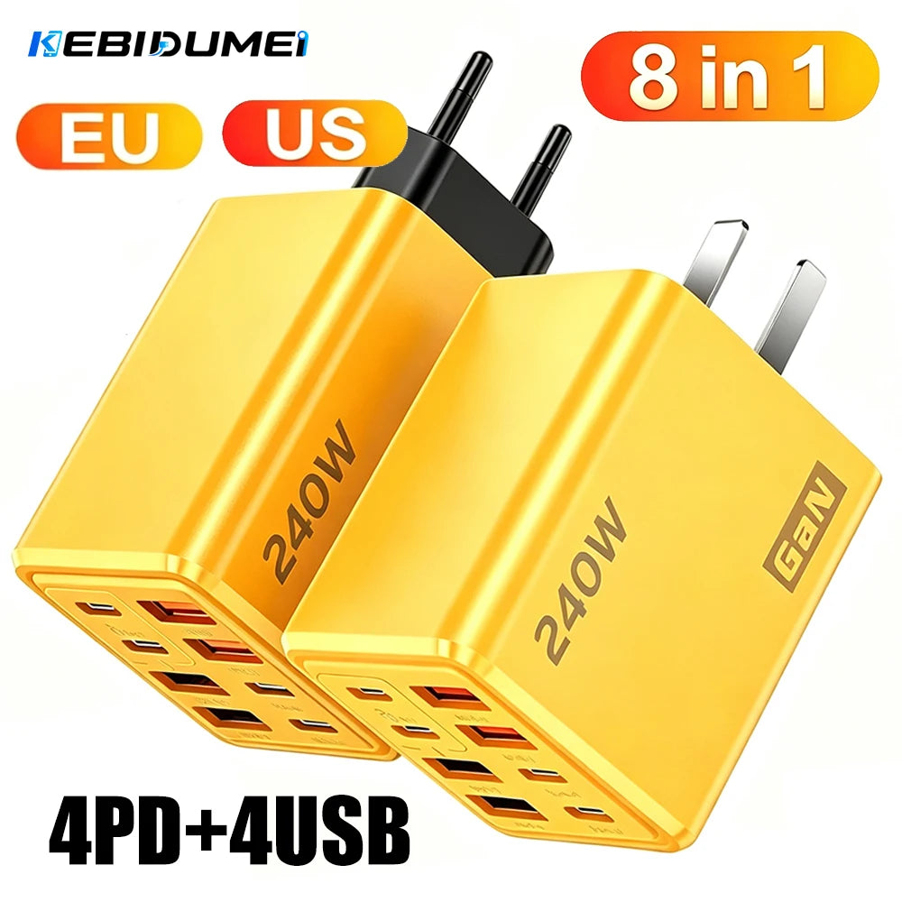 KEBIDUMEI 240W 8-in-1 GaN Desktop Charger USB-C Fast Charge GaN Desktop Charger Babs