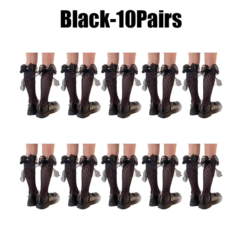 Girls Lace Bowknot Knee High Stockings – Princess Socks Girls Knee High Socks Babs Black 10Pairs 3XS
