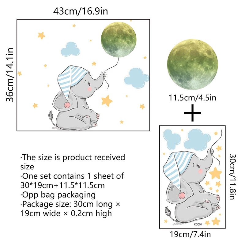 Baby Elephant Moon Glow in the Dark Wall Stickers for Kids Room Glow Wall Stickers Babs Wall sticker