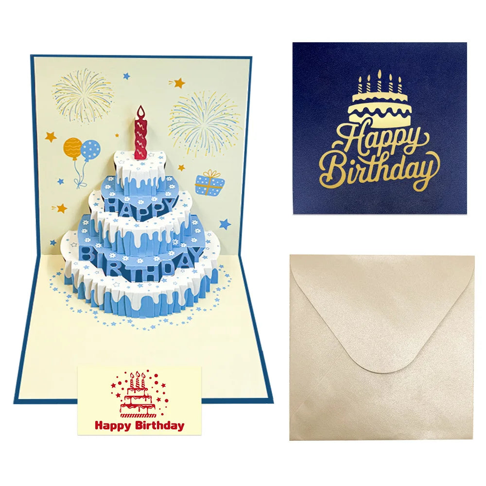 3D Pop-Up Birthday Cake Card with Envelope – Gift for Women Pop-Up Greeting Card Babs Blue