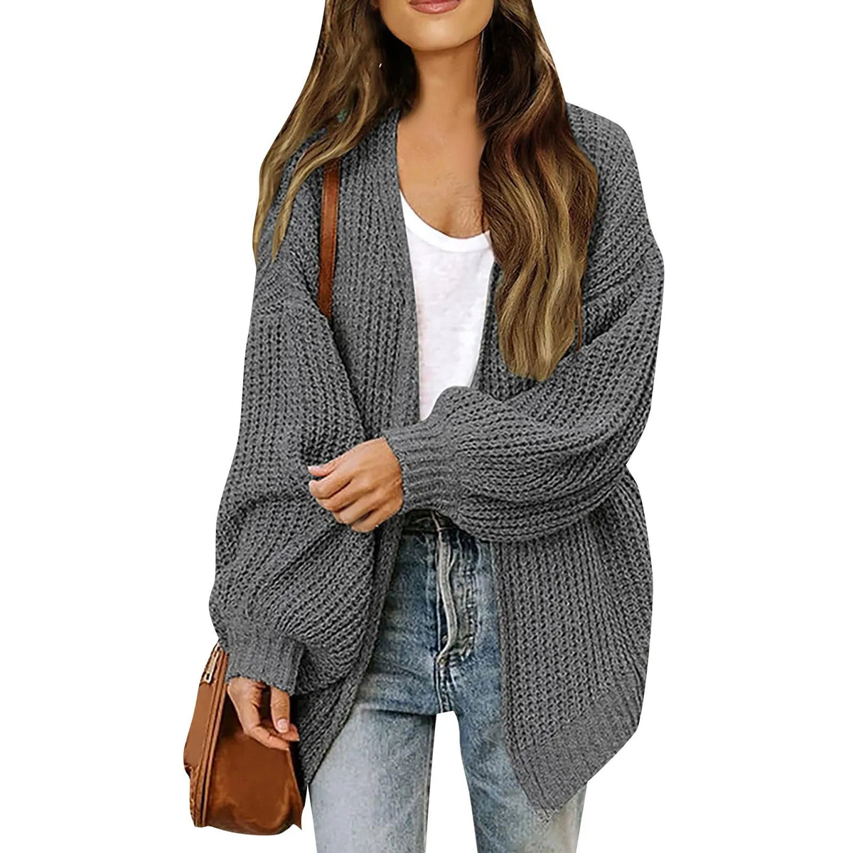 Women's Lantern Sleeve Thick-Knit Cardigan – Loose V-Neck Coat Knit Cardigan Sweater Babs XXL Dark Grey
