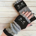 Cat Lover Knitted Fingerless Gloves – Cute Cat Pattern Fingerless Gloves Babs black One Size