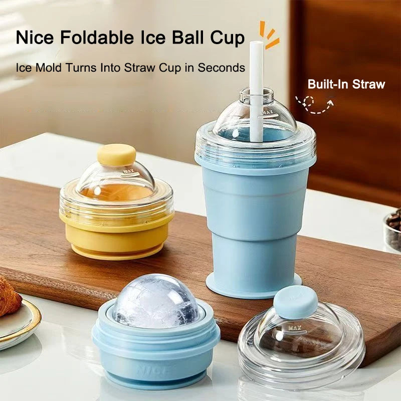 2-in-1 Collapsible Silicone Ice Ball Maker Cup with Straw & Lid Ice Ball Maker Cup Babs