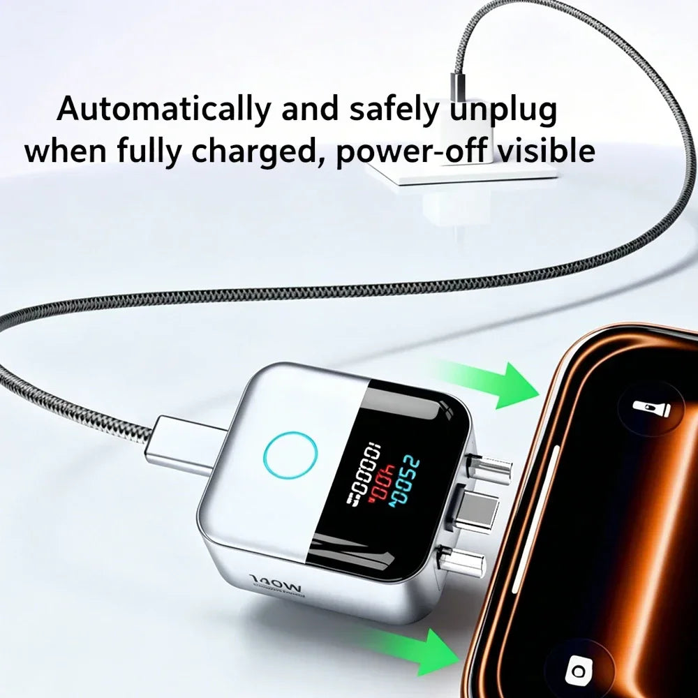 USB-C Auto Disconnect Charger Adapter 140W Digital Display USB-C Charger Adapter Babs