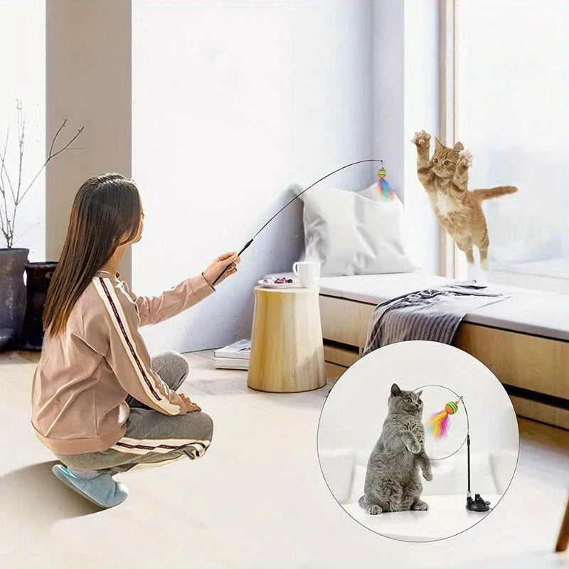 Interactive Cat Feather Wand Toy Kit – Wand, Suction Cup & Refills Cat Feather Wand Babs
