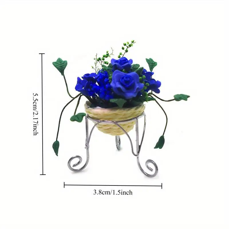1:12 Miniature Clay Rose Potted Bonsai with Iron Fence Dollhouse Dollhouse Miniature Ornament Babs blue
