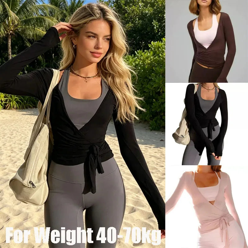 Women's Cross Wrap Crop Top – Long Sleeve Deep V Yoga Shirt Yoga Crop Top Babs