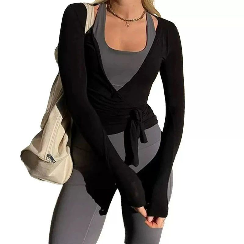 Women's Cross Wrap Crop Top – Long Sleeve Deep V Yoga Shirt Yoga Crop Top Babs Black S
