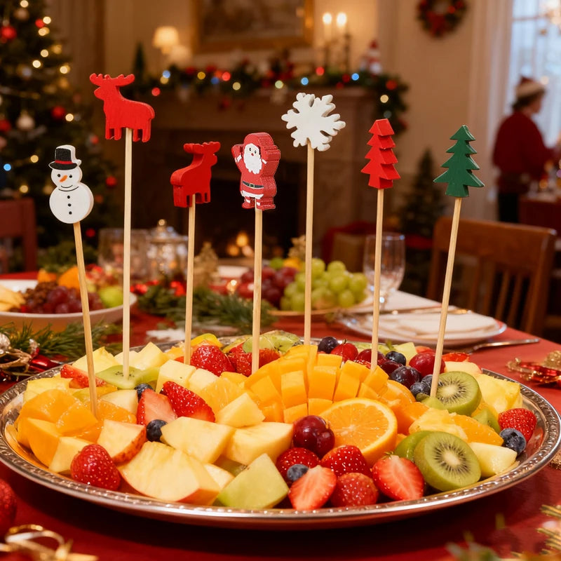 100Pcs Christmas Bamboo Food Skewers & Cupcake Toppers Holiday Party Picks Babs