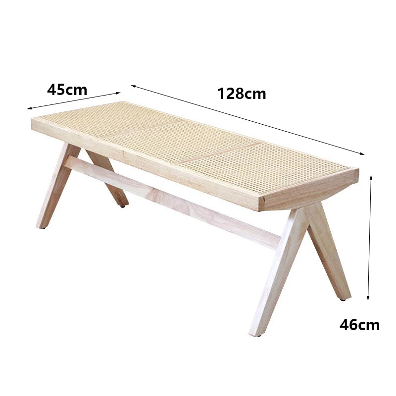 Vintage Solid Wood Woven Bench Ottoman | Modern Living Room Wooden Bench Ottoman Babs Original wood color