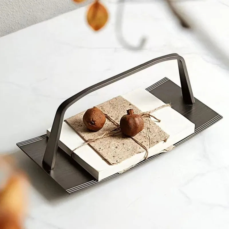 Luxury Modern Metal Storage Tray with Handle | Home Organizer Decorative Storage Tray Babs