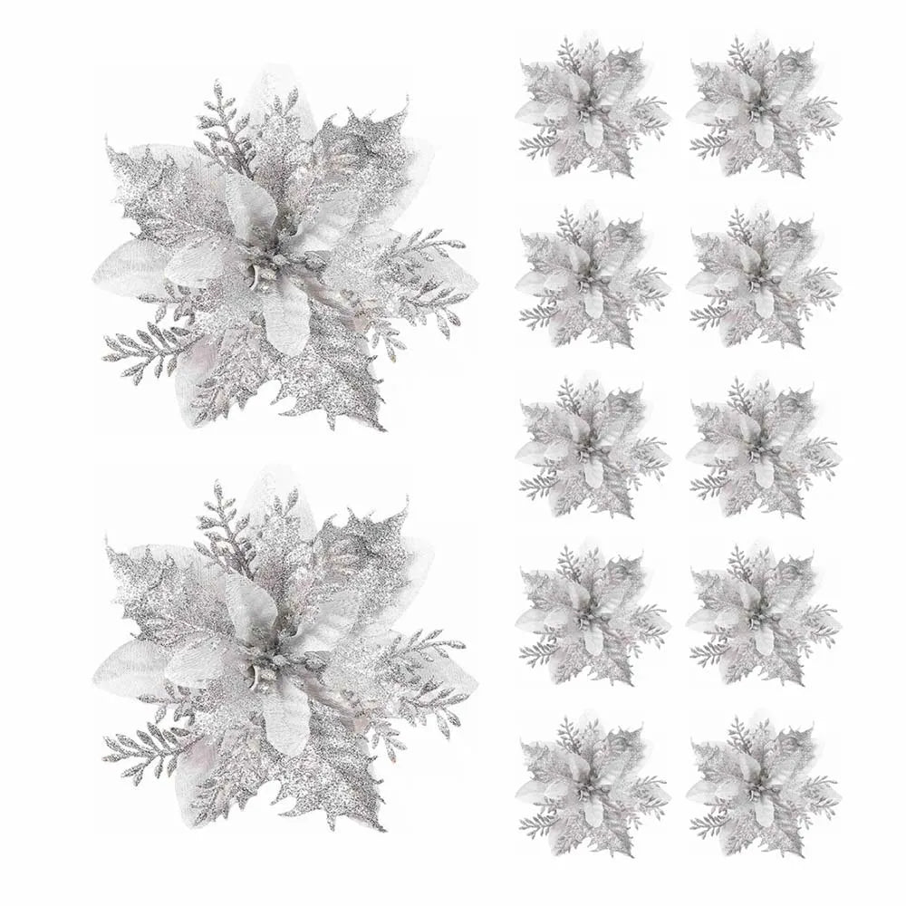 Christmas Glitter Flower Ornaments Pink Red Gold 5/10pcs Christmas Tree Ornaments Babs Silver 10Pcs