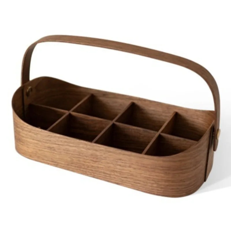 Retro Wood Storage Box Organizer with Handle – 45L, 6 Lattice Wood Storage Organizer Babs Long-Walnut
