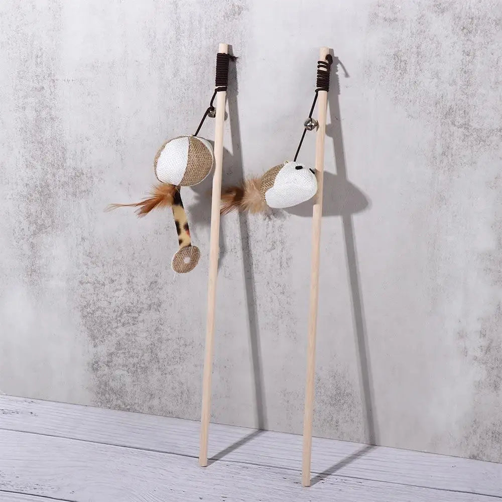 Cat Teaser Wand Toy – Feather, Bell & Linen Mouse Interactive Cat Teaser Wand Babs