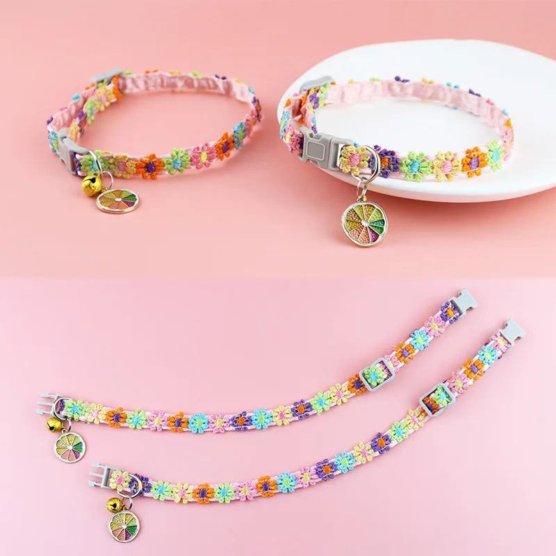 Adjustable Cat Collar – Lace Flower, Bell & Alloy Pendant Pet Collar Babs