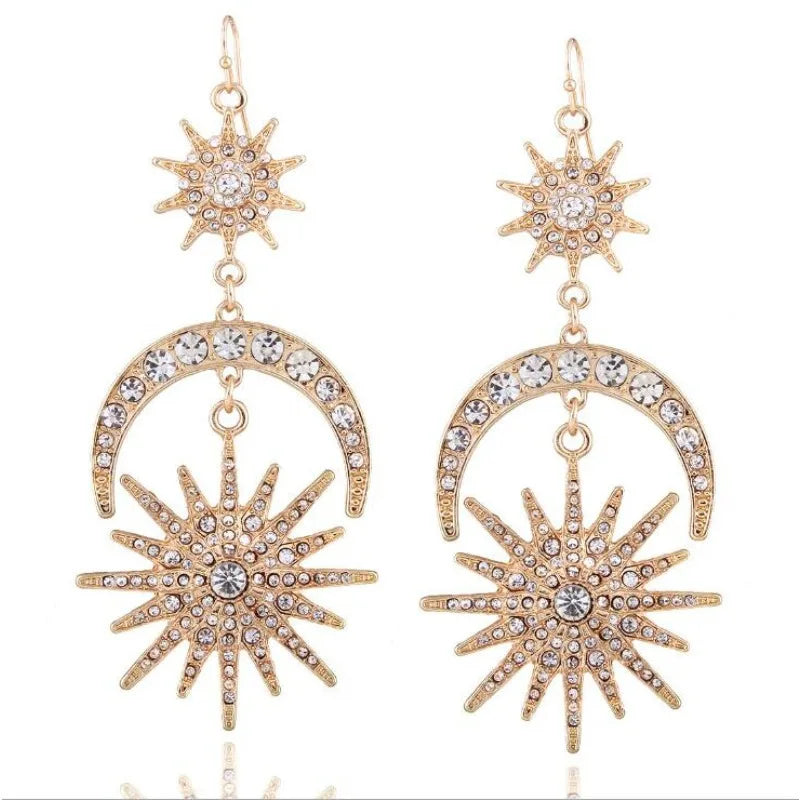 Sun Moon Stars Drop Earrings – Boho Rhinestone Statement Jewelry Drop Earrings Babs gold
