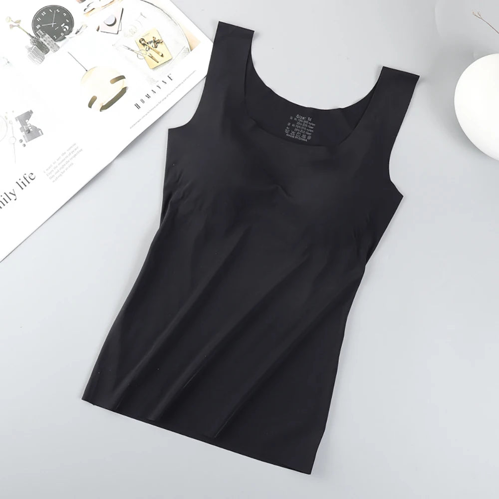 Ice Silk Padded Tank Top – Built-In Bra, Seamless, Wide Strap Padded Camisole Top Babs Black 1XL