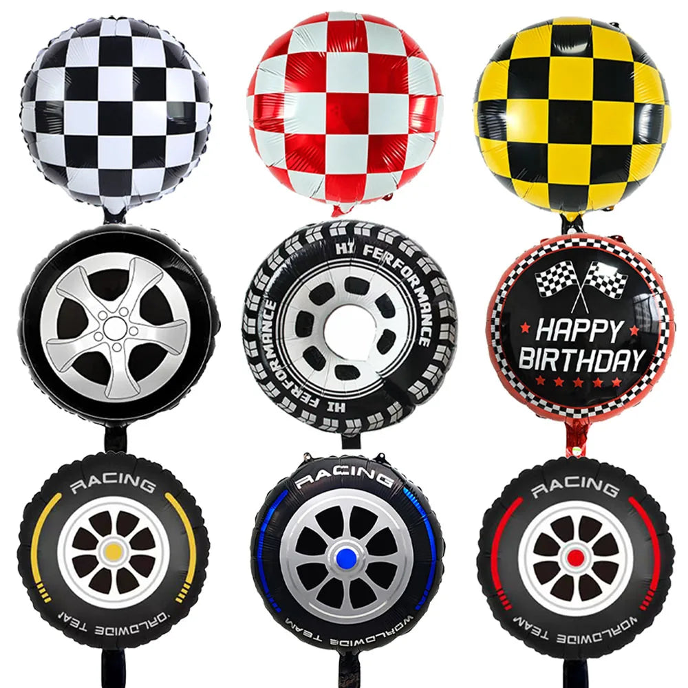 Race Car Foil Balloons – Checkered Flag & Tire Shapes 5/10pc Party Foil Balloons Babs