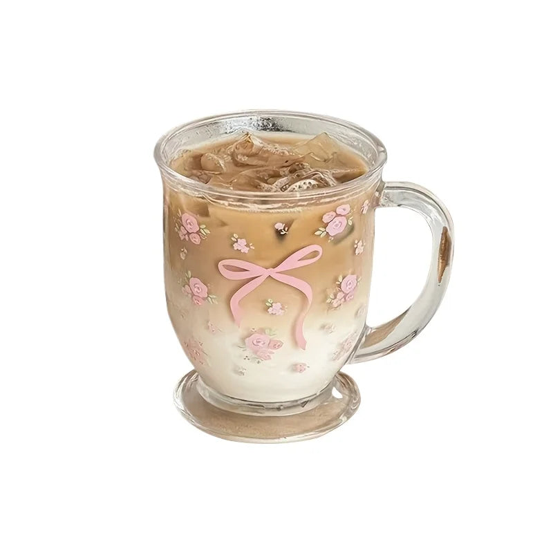 Rose Bow Pattern Glass Cup 450ml | U-Shaped Floral Glass Decorative Glass Cup Babs 1pc 301-400ml