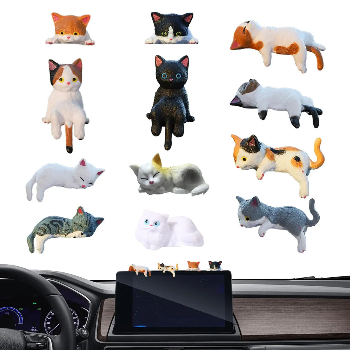 12pcs Mini Sleeping Cat Figurines – Desk, Home & Car Décor Cat Figurine Set Babs