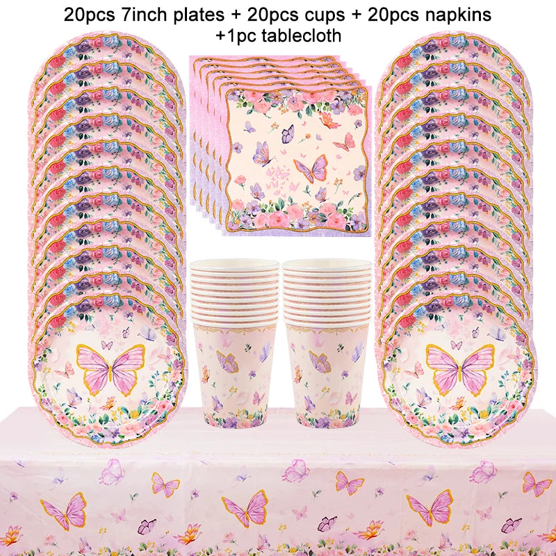 Pink Butterfly Party Tableware Set – Plates, Cups & Tablecloth Disposable Party Tableware Babs 61pcs set