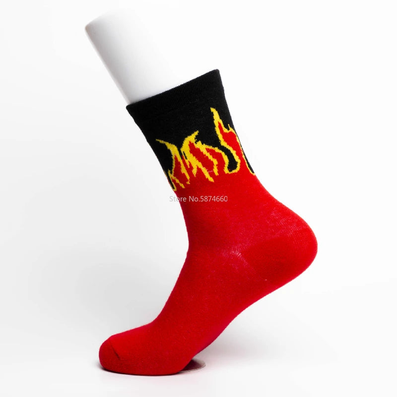 Men's Hip Hop Flame Print Crew Socks | Cotton Skateboard Socks Men's Crew Socks Babs Red One Size