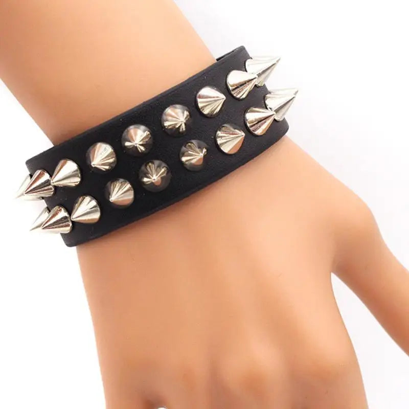 Punk Rivet Tapered Stud Cuff Black Leather Bracelet Unisex Leather Cuff Bracelet Babs