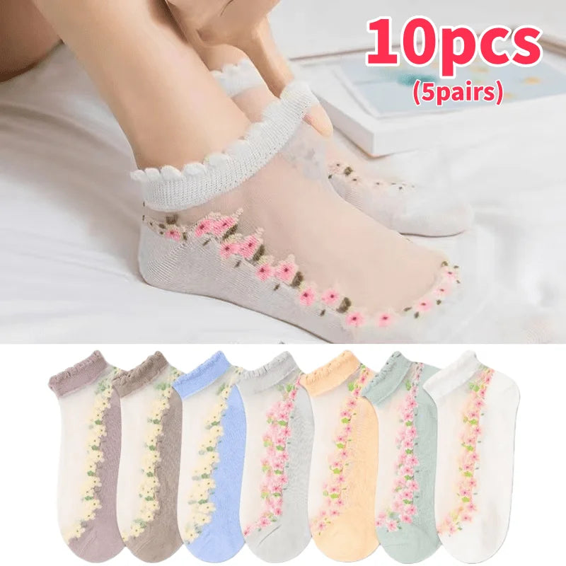 10-Pack Sheer Floral Ankle Socks – Ruffle Mesh for Women Ankle Socks Babs