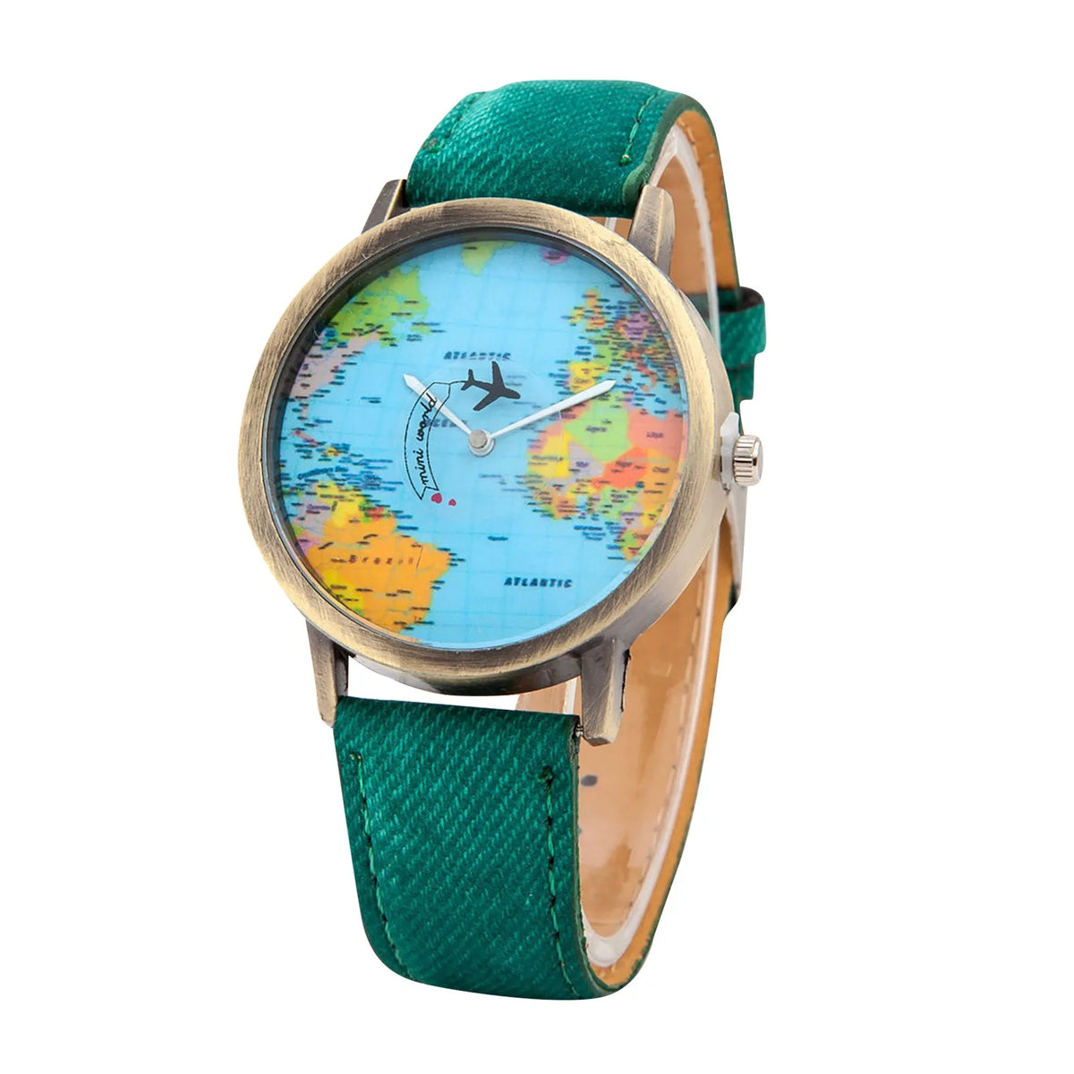 World Map Denim Band Quartz Watch – Unisex Casual Wristwatch Quartz Wristwatch Babs Green