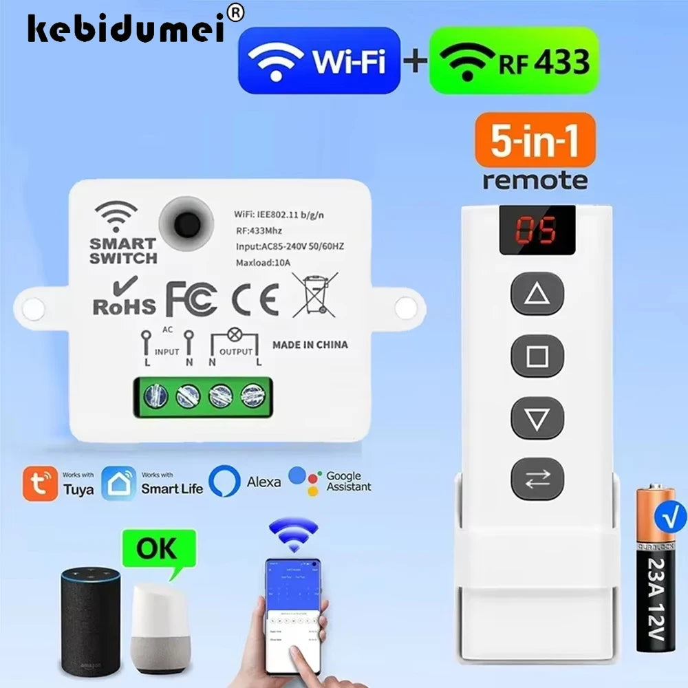 KEBIDUMEI WiFi RF Smart Curtain Switch – Tuya 5-in-1 Remote Smart Curtain Switch Babs