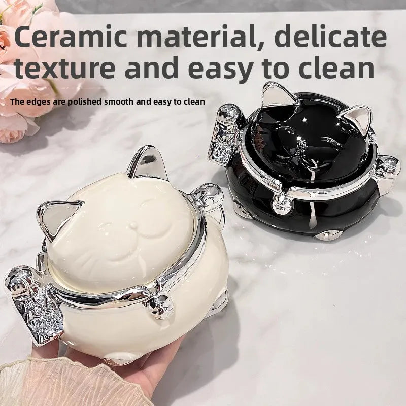 Lucky Cat Ceramic Ashtray with Lid – Modern Home Décor Decorative Ashtray Babs