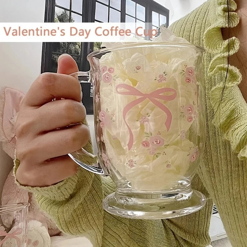 Rose Bow Pattern Glass Cup 450ml | U-Shaped Floral Glass Decorative Glass Cup Babs