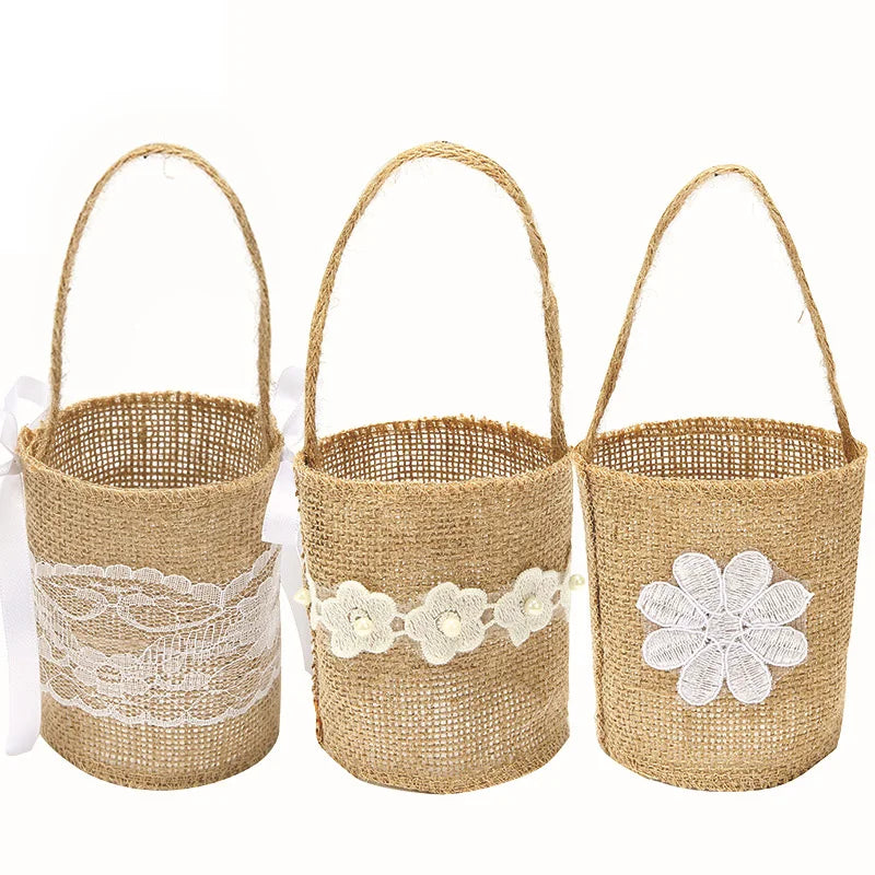 Rustic Lace Linen Flower Basket – Wedding & Party Gift Bag Decorative Flower Basket Babs